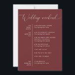 Deep Wine Red Wedding | Romantic Weekend Timeline Invitation<br><div class="desc">A stylish wedding weekend timeline card designed to keep guests informed while adding an elegant touch to your invitation suite. The front features a clear schedule layout for rehearsal dinner, wedding day events, and post wedding brunch, helping guests follow each part of the celebration with ease. The reverse side includes...</div>