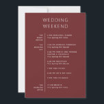 Deep Wine Red Wedding Timeline | Modern Itinerary Invitation<br><div class="desc">This wedding weekend card combines a clear event timeline with a short welcome message, helping guests understand the flow of the celebration from start to finish. The front lays out the full schedule (from the night before to the wedding day and the morning after) so everything is easy to follow...</div>