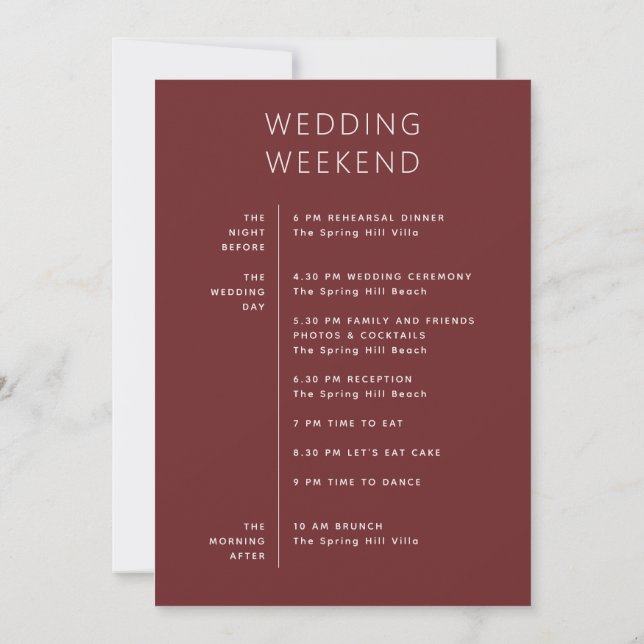 Deep Wine Red Wedding Timeline | Modern Itinerary Invitation (Back)