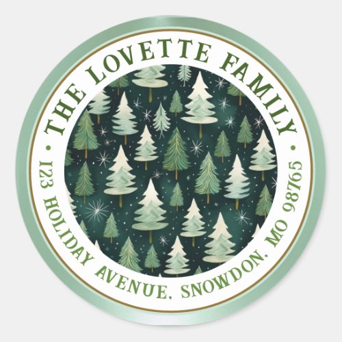 Deep Woods with Snowflakes Metallic Green Border Classic Round Sticker