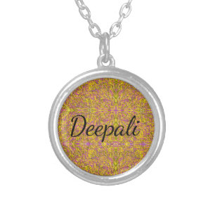 Deepali name with abstract art background calligra silver plated necklace