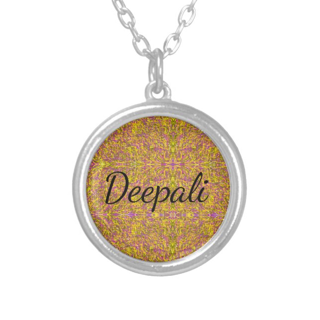 Deepali name with abstract art background calligra silver plated necklace (Front)