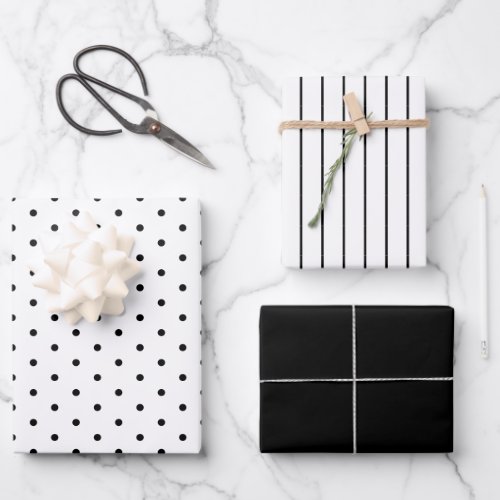 Deepest Black Polka Dot and Striped and Solid Wrapping Paper Sheets