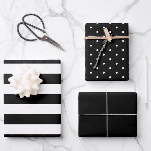 Deepest Black Polka Dot Wide Striped and Solid Wrapping Paper Sheets