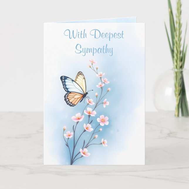 Deepest Sympathy Blue Watercolor Flower Butterfly Card (Front)