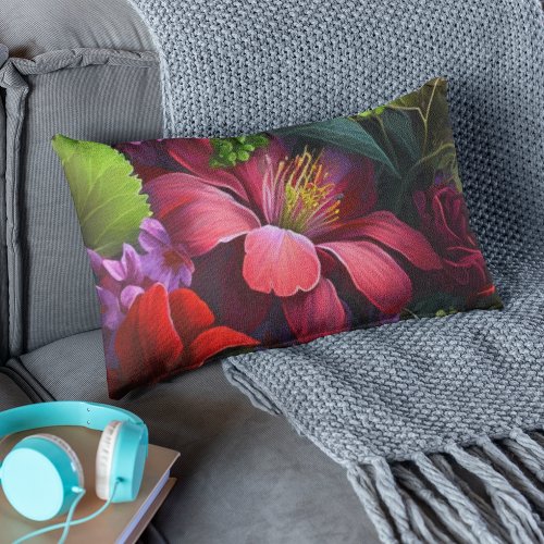 Deeply Red Hibiscus with Greenery Floral Pattern Lumbar Pillow