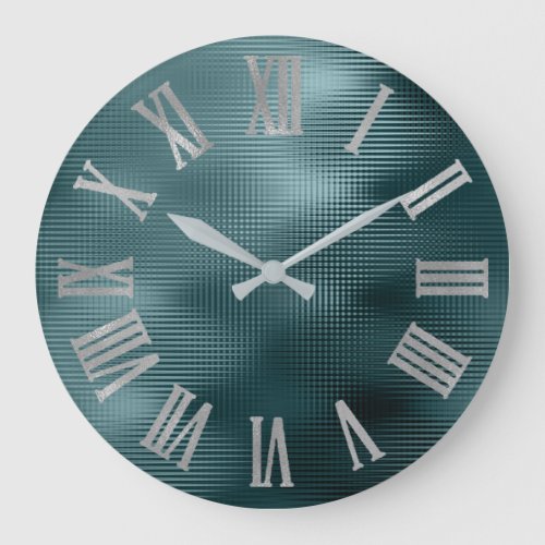 DeepTeal Silver Gray Minimal Metallic Roman Numers Large Clock