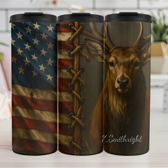Deer American Flag Hunting Lodge Thermal Tumbler (Creator Uploaded)