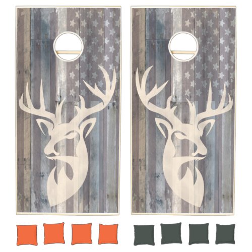 Deer  American Flag on Rustic Wood Background Cornhole Set