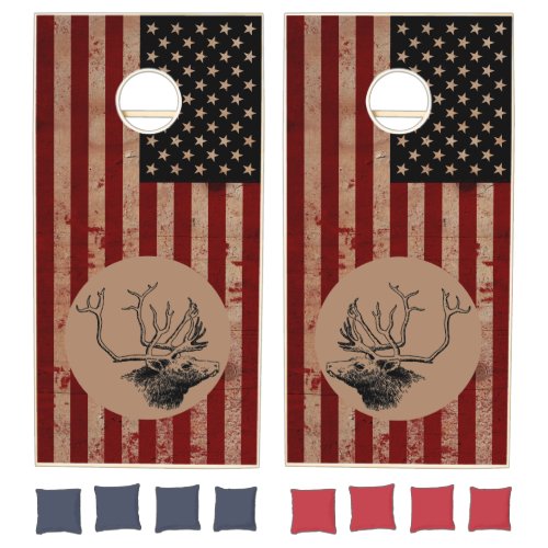 Deer  American Flag Rustic Wood Patriotic Cornhole Set