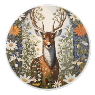 Deer Amid Daisy Flowers Ceramic Knob