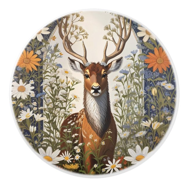 Deer Amid Daisy Flowers  Ceramic Knob (Front)