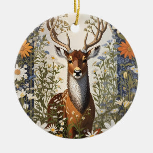 Deer Amid Daisy Flowers Ceramic Ornament