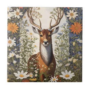Deer Amid Daisy Flowers Ceramic Tile
