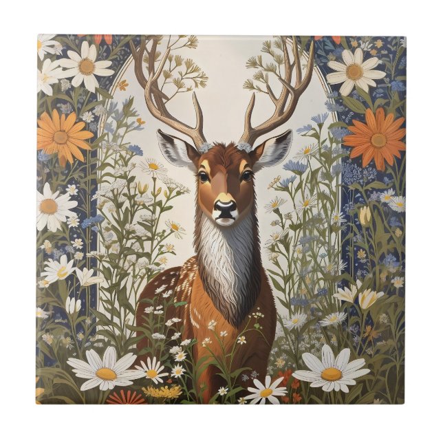 Deer Amid Daisy Flowers  Ceramic Tile (Front)