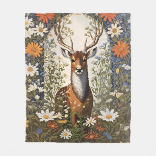 Deer Amid Daisy Flowers Fleece Blanket