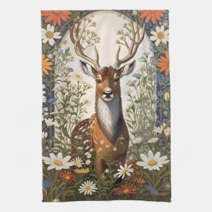 Deer Amid Daisy Flowers  Kitchen Towel