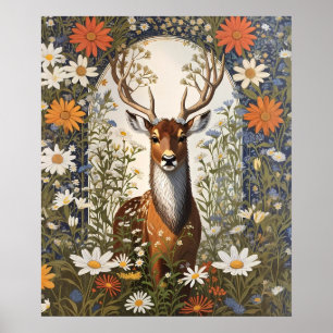 Deer Amid Daisy Flowers Poster