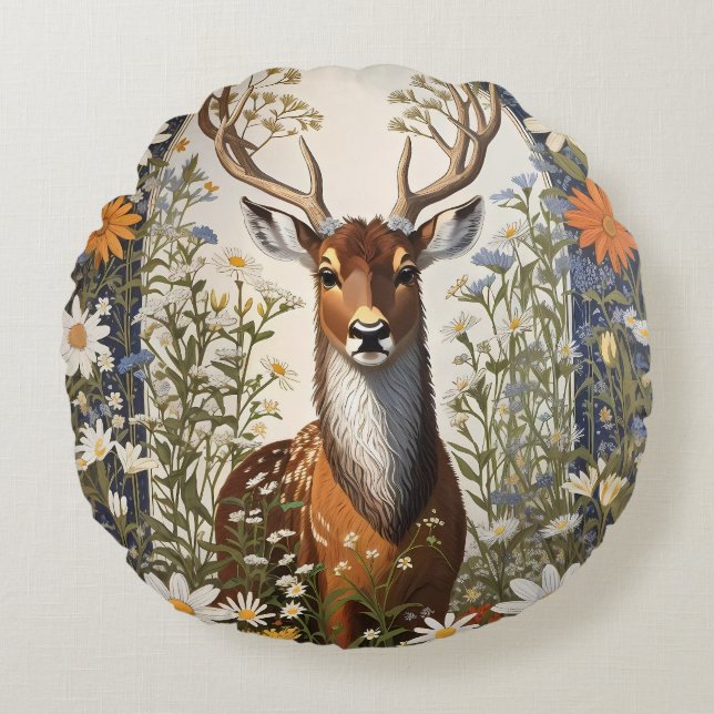 Deer Amid Daisy Flowers  Round Pillow (Front)