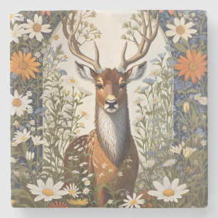 Deer Amid Daisy Flowers  Stone Coaster