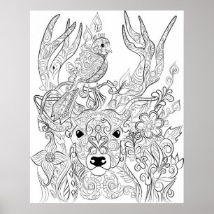 Deer and Bird drawing adult coloring poster