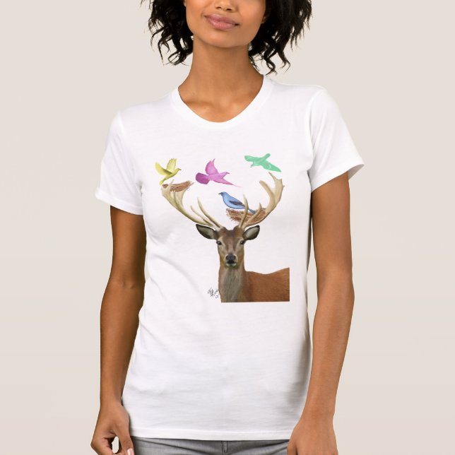Deer and Birds Nests Pastel Shades T-Shirt (Front)