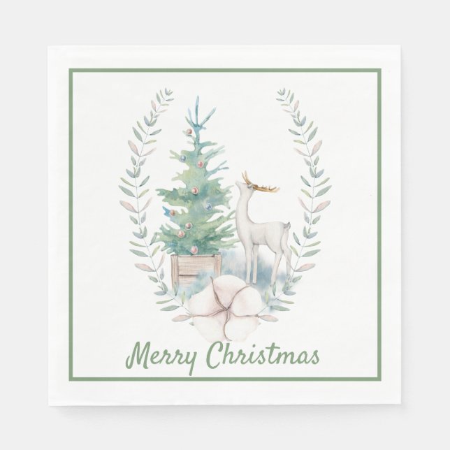 Deer and Christmas Tree Holiday Napkins (Front)