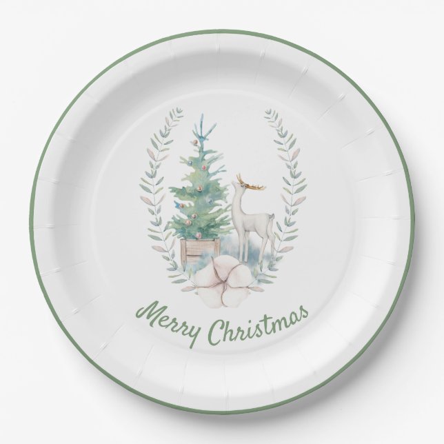 Deer and Christmas Tree Holiday  Paper Plates (Front)