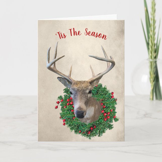 Deer and Christmas Wreath  Holiday Card (Front)