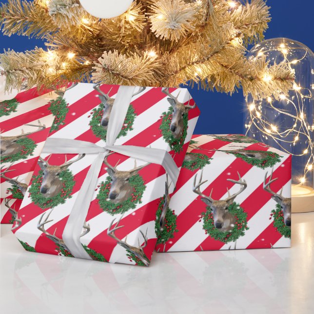 Deer and Christmas Wreath In Snowflakes Wrapping Paper (Holidays)