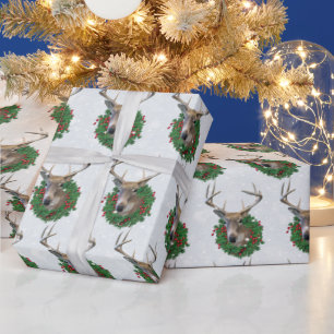 Deer and Christmas Wreath In Snowflakes Wrapping Paper