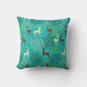 Deer and Flower Pattern - Aqua and Brown Winter Throw Pillow