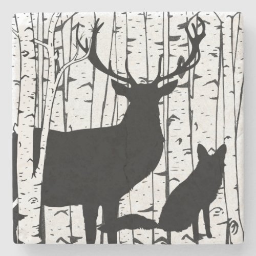 Deer and Fox Birch Forest Stone Coaster