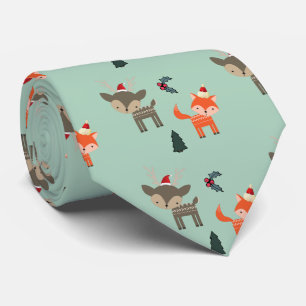 Deer And Fox In Santa Hats Whimsical Christmas Neck Tie