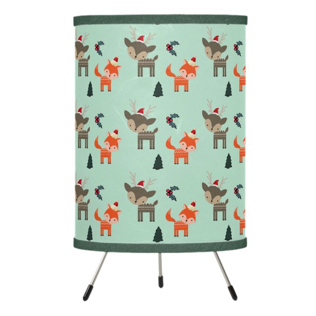 Deer And Fox In Santa Hats Whimsical Christmas Tripod Lamp (Front)