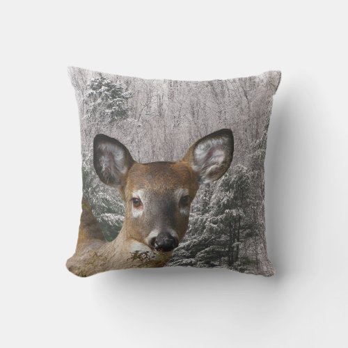 Deer and Frosty Evergreen Trees Outdoor Pillow