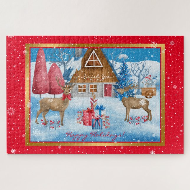Deer and Gifts on Holiday Evening Customize Jigsaw Puzzle (Horizontal)