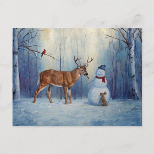 Deer and Happy Snowman Winter Holiday Scene
