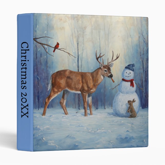 Deer and Happy Snowman Winter Holiday Scene 3 Ring Binder (Front/Spine)