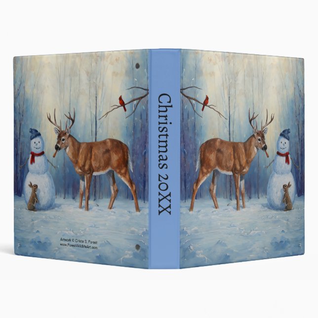 Deer and Happy Snowman Winter Holiday Scene 3 Ring Binder (Background)