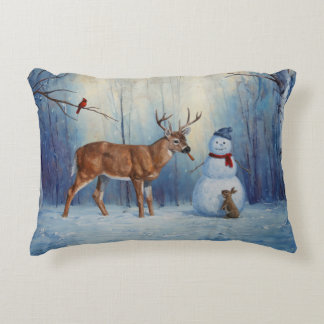 Deer and Happy Snowman Winter Holiday Scene Accent Pillow