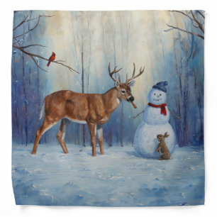 Deer and Happy Snowman Winter Holiday Scene Bandana