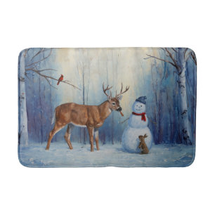 Deer and Happy Snowman Winter Holiday Scene Bath Mat
