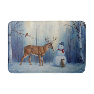 Deer and Happy Snowman Winter Holiday Scene Bath Mat