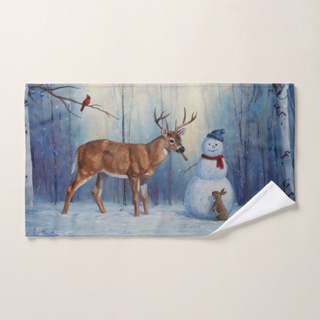 Deer and Happy Snowman Winter Holiday Scene Bath Towel Set (Hand Towel)