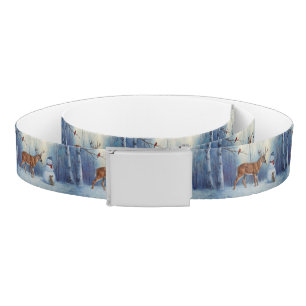 Deer and Happy Snowman Winter Holiday Scene Belt