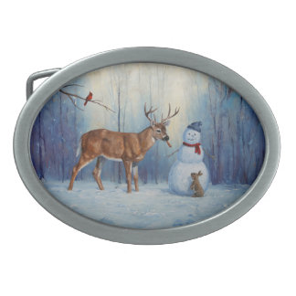Deer and Happy Snowman Winter Holiday Scene Belt Buckle