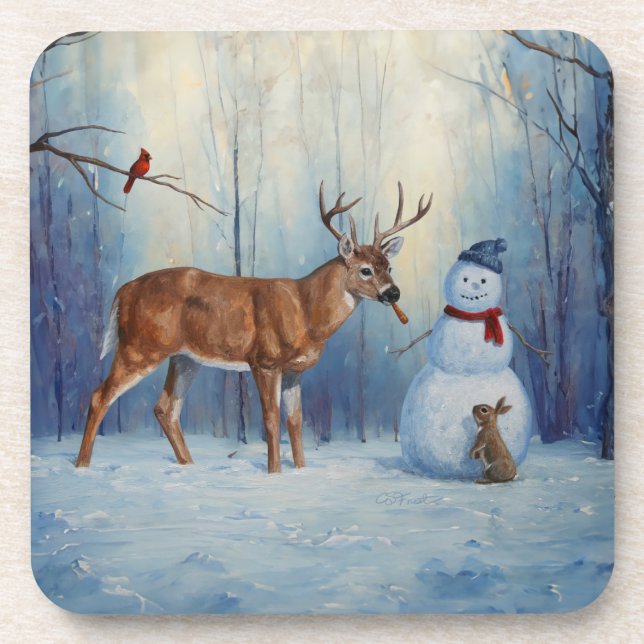 Deer and Happy Snowman Winter Holiday Scene Beverage Coaster (Front)