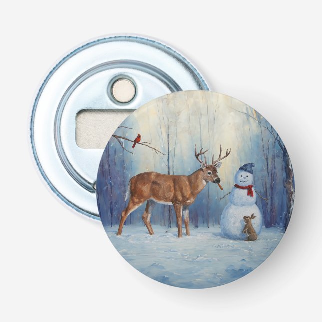 Deer and Happy Snowman Winter Holiday Scene Bottle Opener (Front)