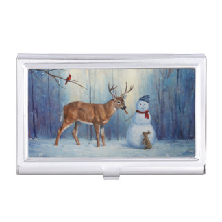 Deer and Happy Snowman Winter Holiday Scene Business Card Case